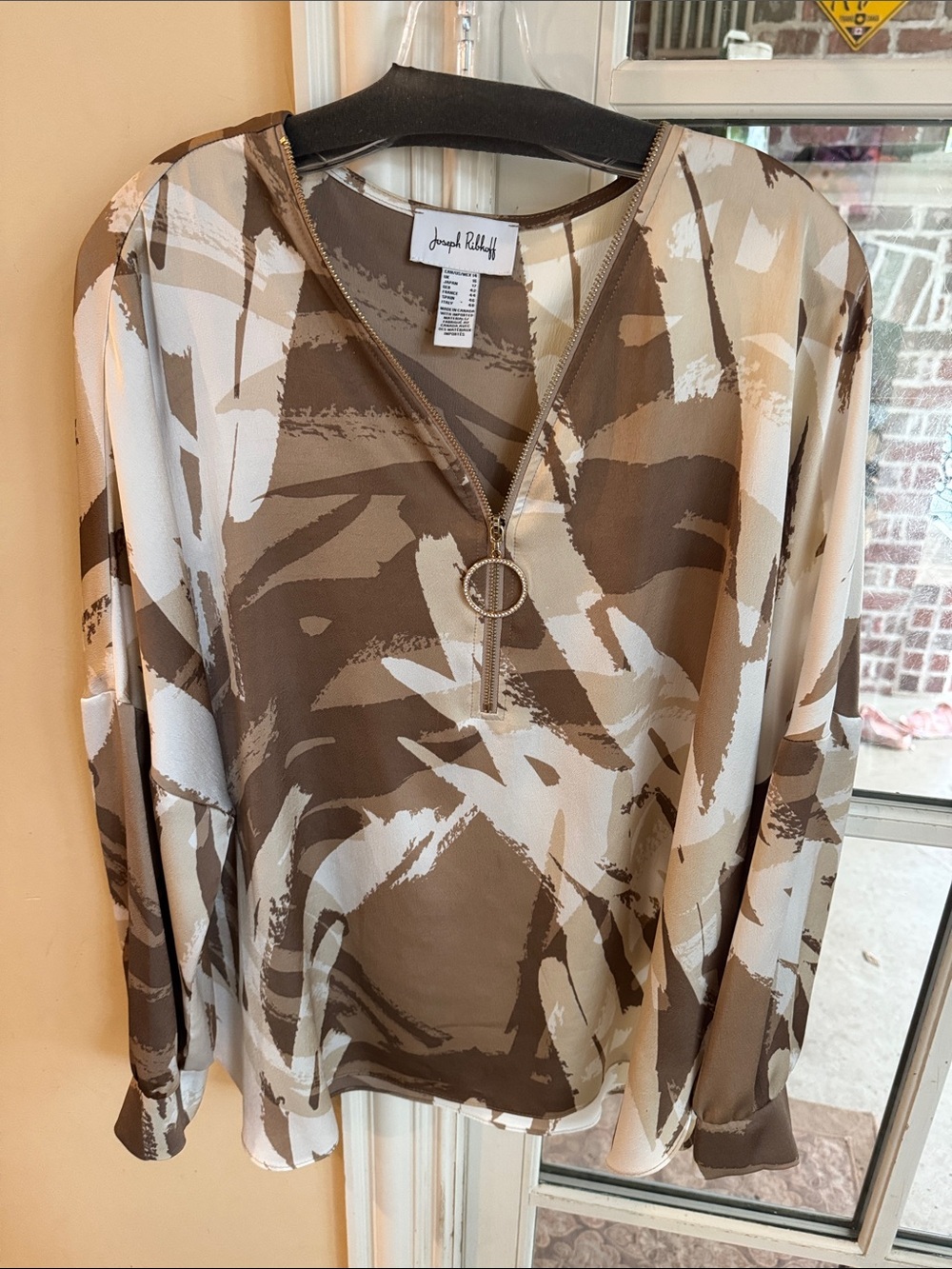 Joseph Ribkoff Taupe & Cream Abstract Zip-Neck Blouse -14